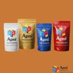 White gold blue and red stand up zipper pouches with Apni Packaging branding