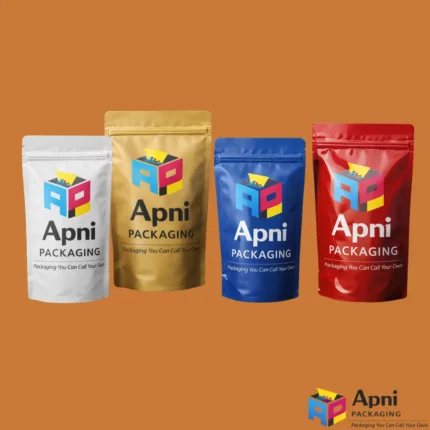 White gold blue and red stand up zipper pouches with Apni Packaging branding