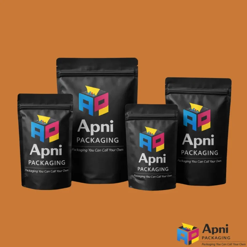 Matte black stand up zipper pouch with custom branding