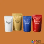 Custom logo stand up zipper pouches in white gold blue and red