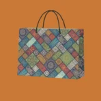 Colorful printed paper shopping bag with black rope handles